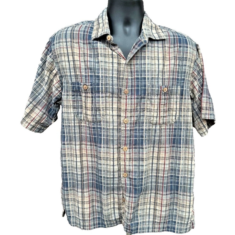 Caribbean Mens L Blue Plaid Madras Shirt Cotton‎ Short Sleeve Button Front Prep